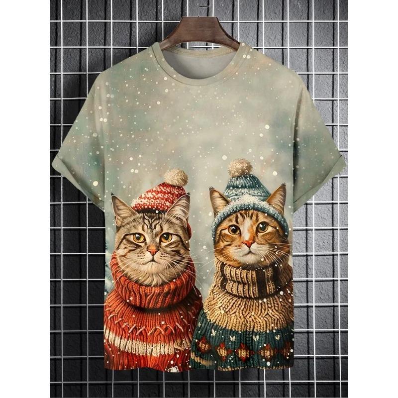 Men's Animal Funny Cat Printed T Shirt Short Sleeve Tees Tops 3D Print O-Neck Shirts Party Summer Casual Men's Clothing Shirt