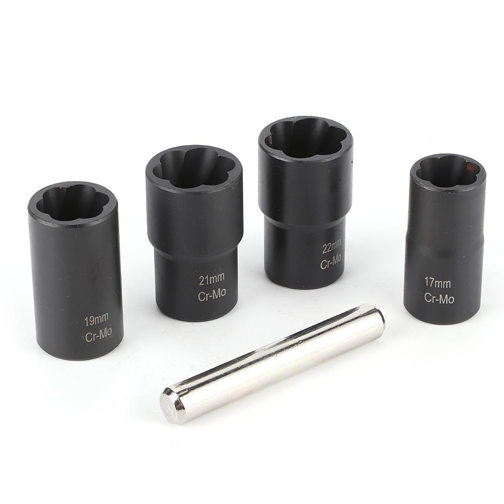 5 Piece Damaged Nut Removal Set, 1Celsius2 Inch Spiral Socket and Straight Bar for Removing Stuck Nuts with Plastic Box
