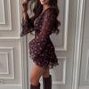 2026 Floral Print Chiffon Dress Deep V-Neck Long Sleeve Ruffle Hem Mini Women