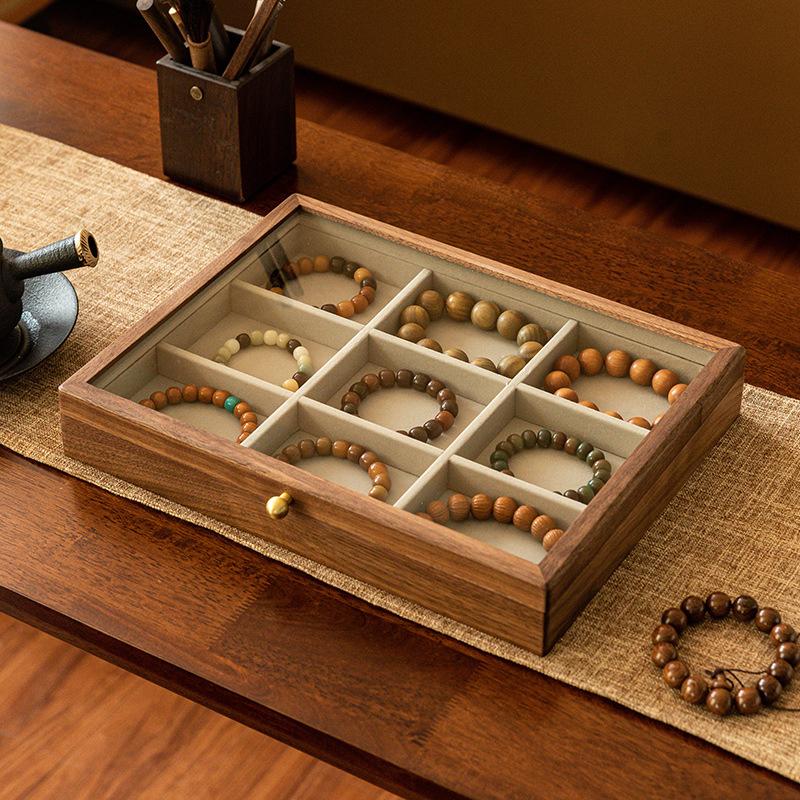 Multi-Compartment Wooden Storage Box with Lid for Collector's Bracelets, Large Capacity Clear Top Curio Organizer