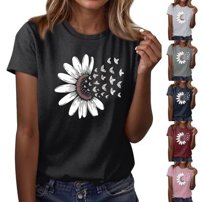 Dámske ležérne tričko s potlačou slnečnice, úzky strih, krátky rukáv