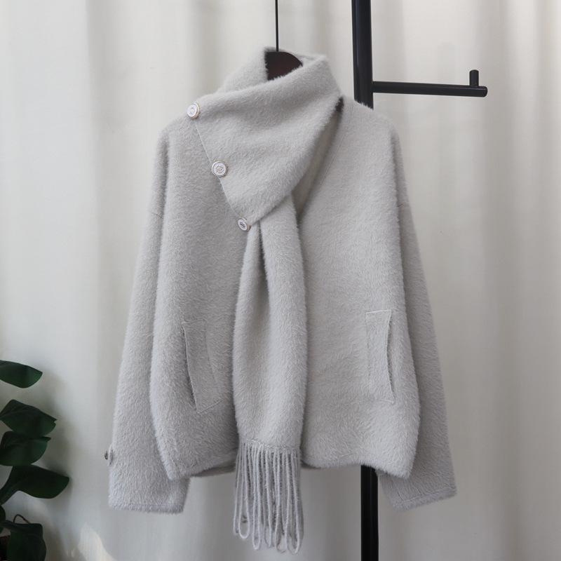 

Съемный шарф имитация норки вязаный кардиган осень и зима новый свободный свитер куртка женская one size fits all серый