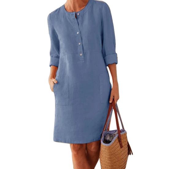 Casual Women Loose Solid Color Buttons Cotton Linen Long Sleeve Midi Dress