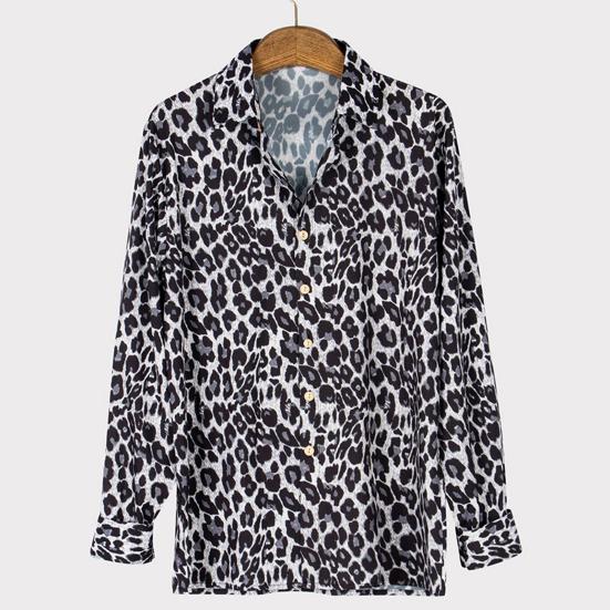 Turn-down Collar Shirt Lightweight Plus Size Leopard Print Shirt Top Streetwear