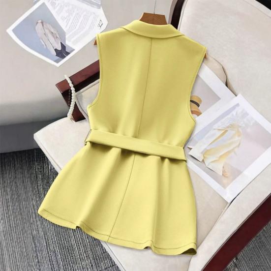 Women's Sleeveless Blazer Vest Button Lapel Collar Work Jacket Fall Casual Long Dressy Coat with Belt