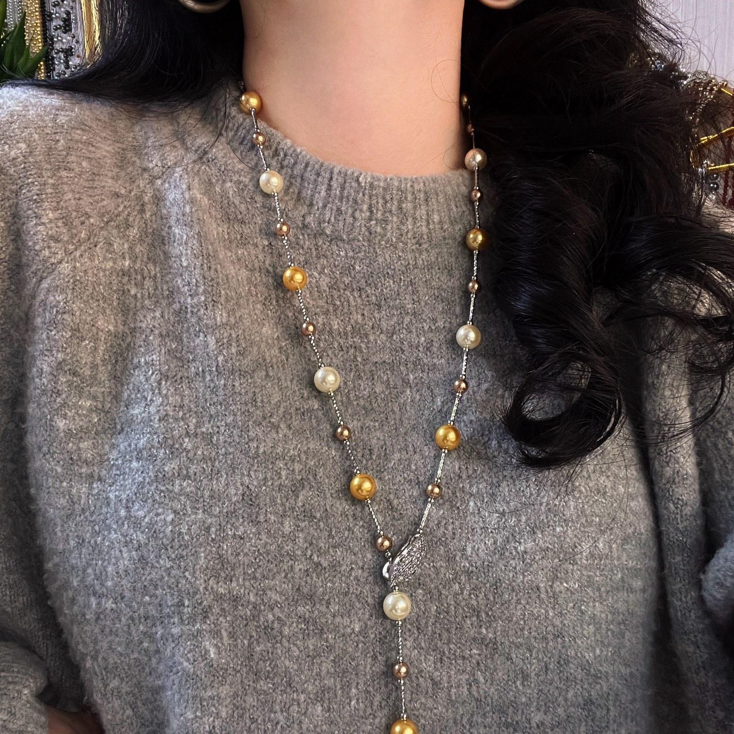 Autumn And Winter Maillard Wind Gold Coffee Mixed Color Shijia Pearl Sweater Chain Necklace Female