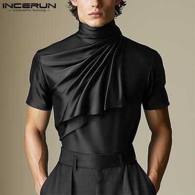 Herren Sommer T-Shirt mit Rüschen und hohem Halsausschnitt, kurzärmelig, legere Oberteile