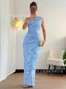 Women Off Shoulder Floral Print Long Dress Solid Light Blue Maxi Dress