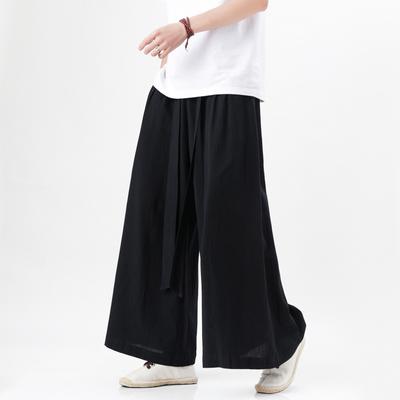 Cotton Linen Pants Man Streetwear Summer Retro Wide Leg Trousers