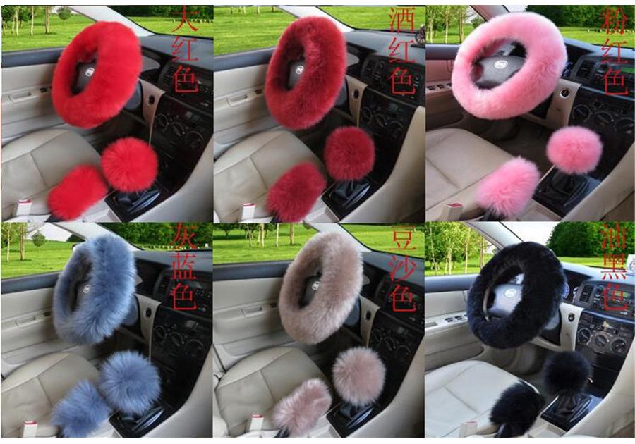 3Pcs/Set Long Plush Fur Cover For Car Steering Wheel Gear Knob and Parking Brake