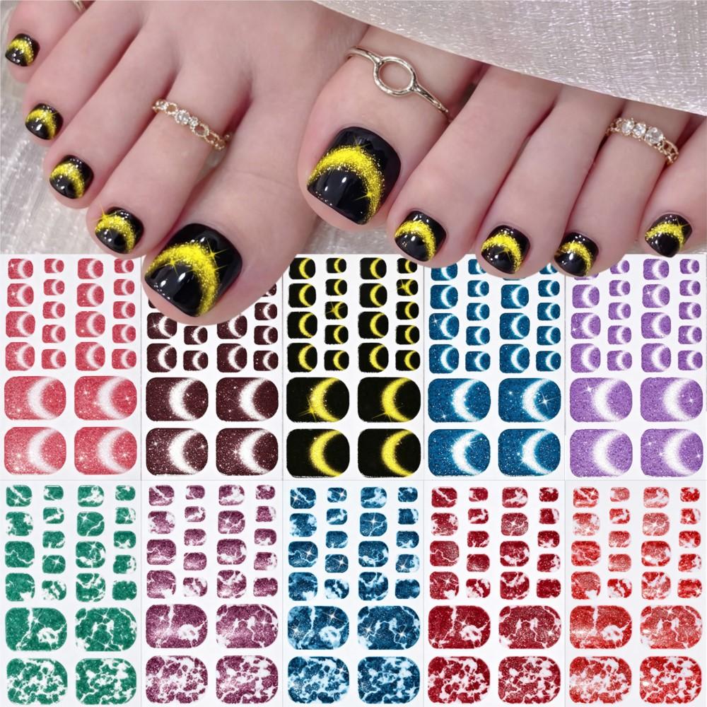 5sheets 3D Glitter French Toenail Full Wraps Shiny Purple Blue Black Red Toe Gel Nail Stickers Self-Adhesive Toenails Strips D#5