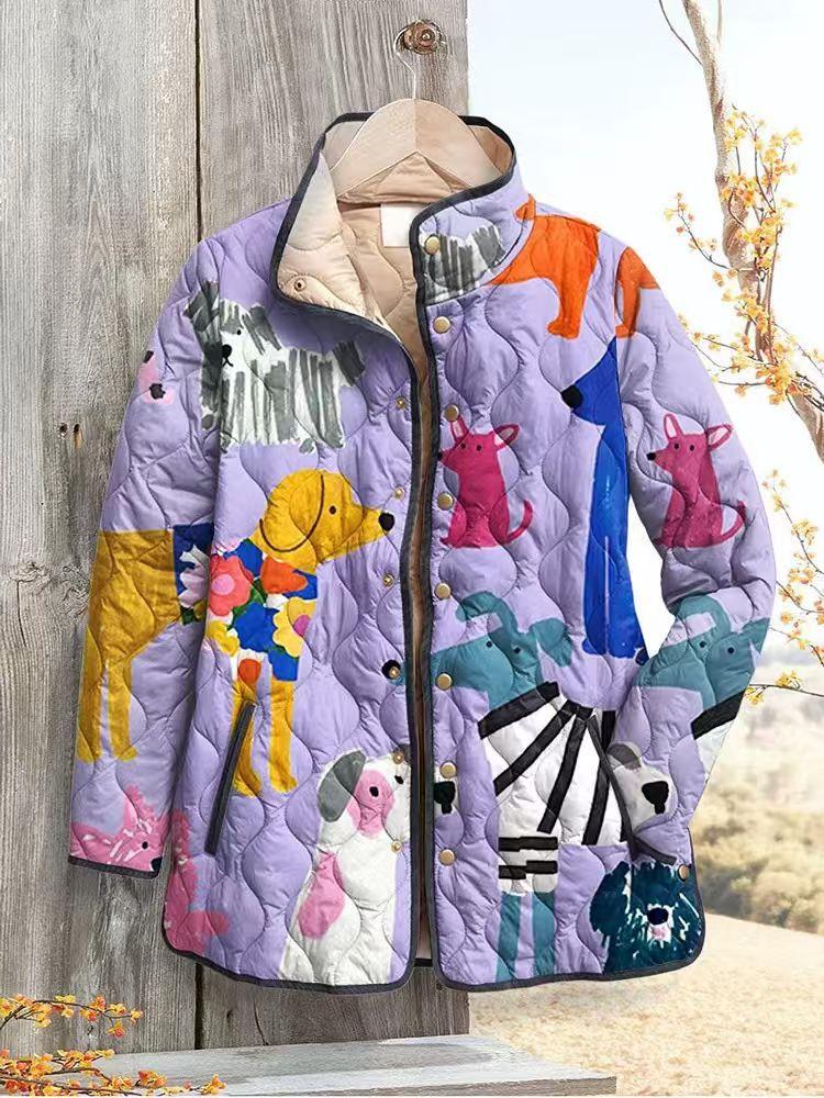 Women's Tropical Leaf Print Quilted Jacket Stand Collar Button Down Contrast Trim Casual Coat