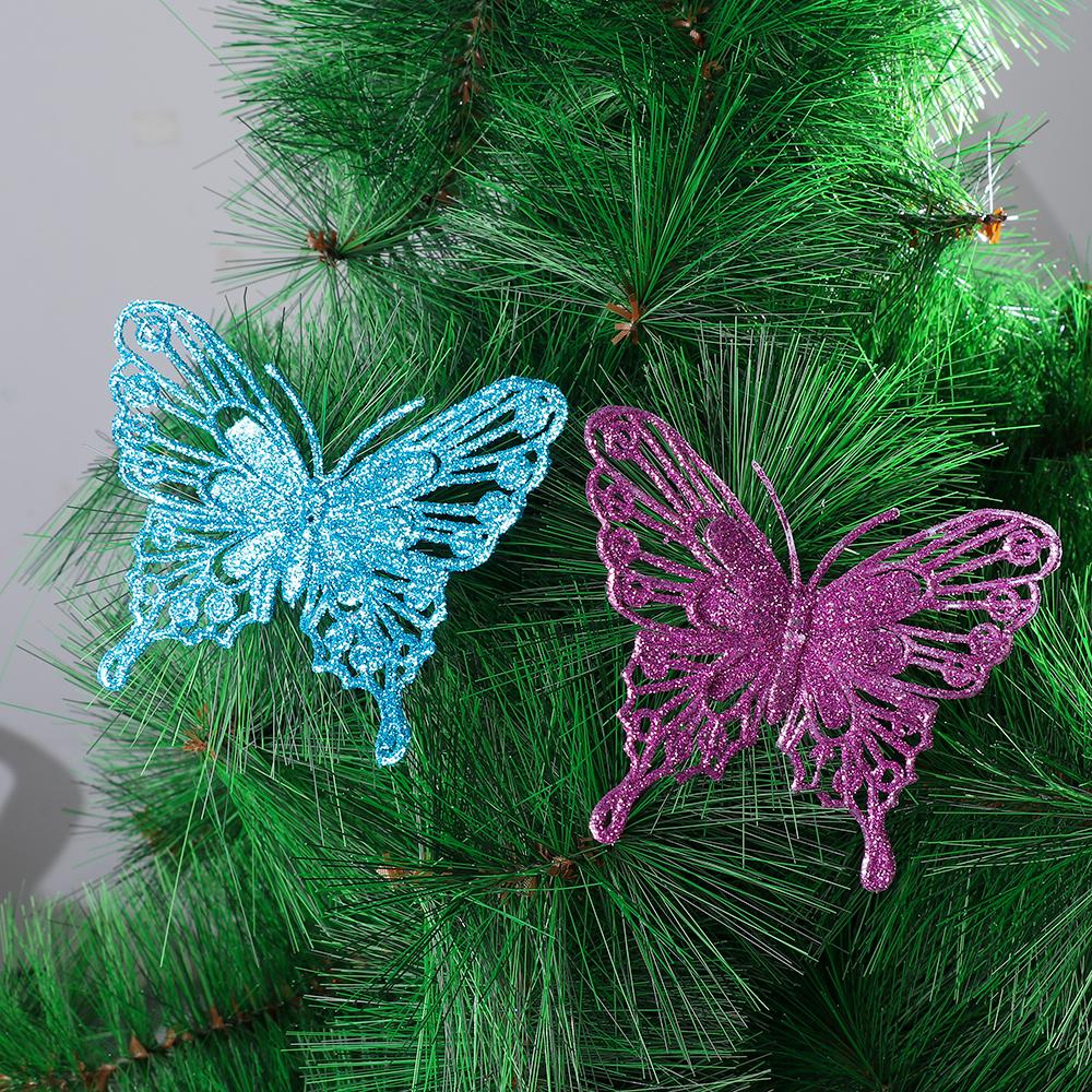 Christmas Butterflies Xmas Tree Ornaments Single Layer Gold Powder Glitter Artificial Flower DIY Crafts Christmas Tree Decor