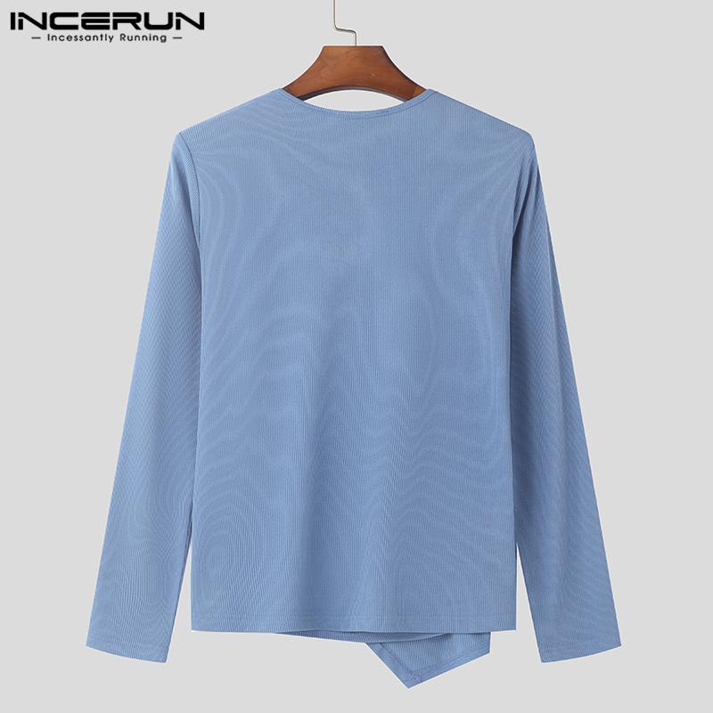 INCERUN Men Deep V Neck Fitted Texture Long Sleeve Irregular Tops Undershirts
