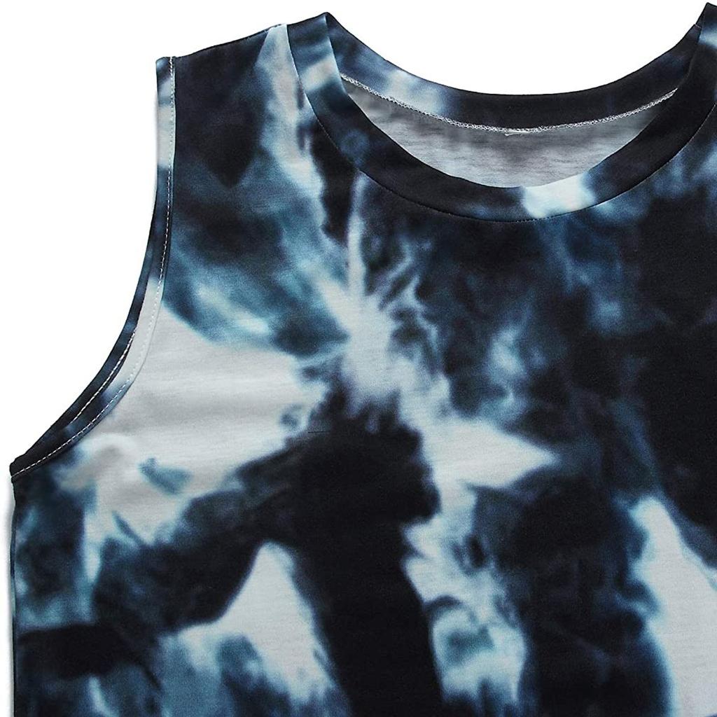 Women Casual Loose Tie-dye Print Pocket Long Dress Sleeveless Split Maxi Dresses