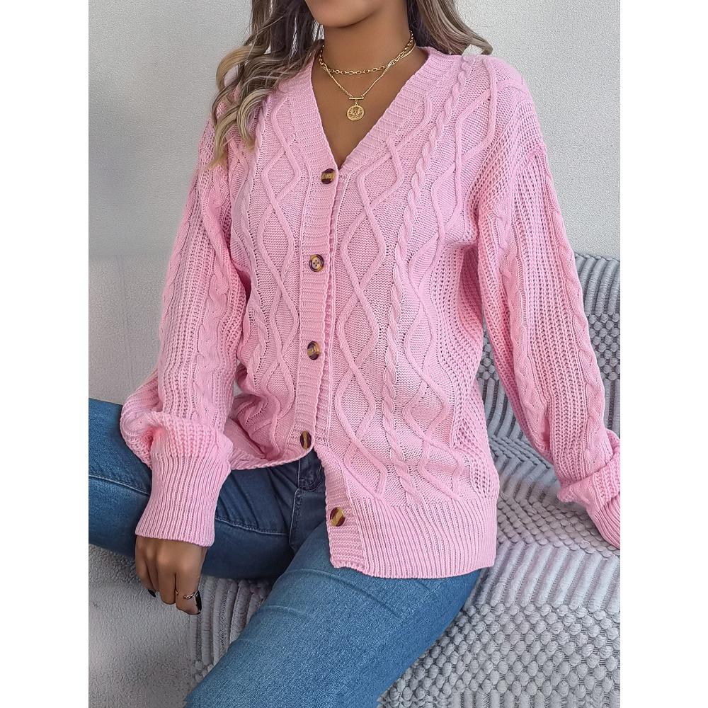 New Autumn/Winter Ladies' Sweatshirt Collection: Oversized Top, Casual V-Neck, Bell Sleeves, Cable-Knit Button-Front Cardigan