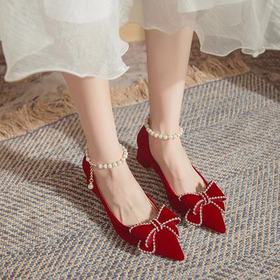 Wedding Shoes Women's Thick Heel 2025 New Bridal Strap Red Not Tired Feet Wedding Dress Show Clothes Two Wear High Heels