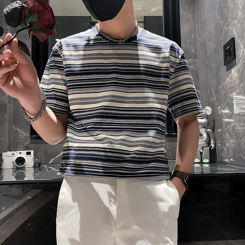 Summer Stripe Short-sleeve T-shirt for Men Casual T-shirt 2024 New Style Thin Men's Top Stylish and Handsome