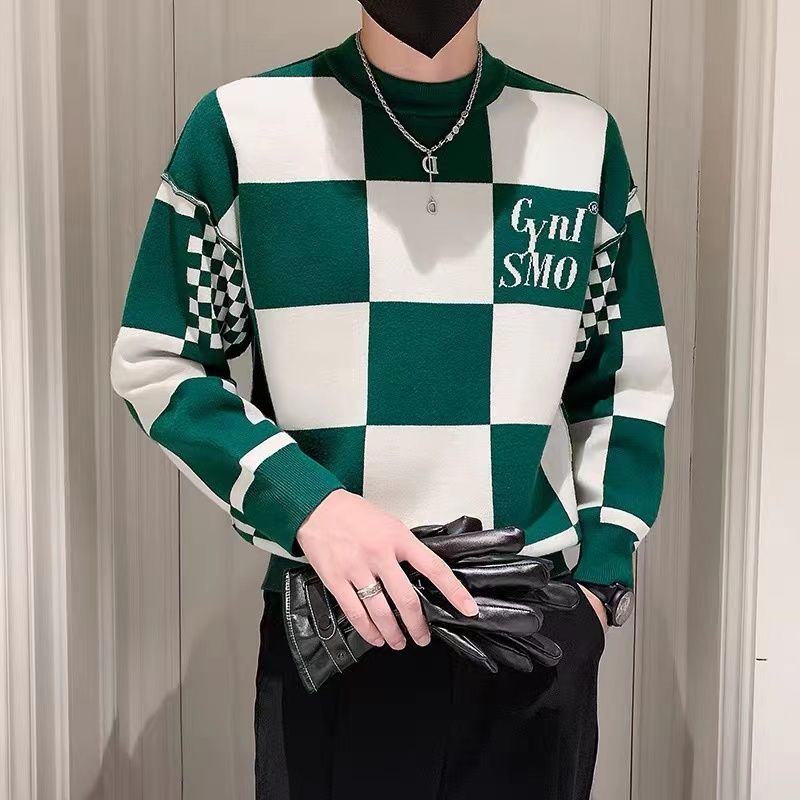 

New Men s Fashion Round Neck Patchwork Sweater Autumn Winter Contrast Color Printed Letter Long Sleeve Loose Casual Knitted Tops L зелений