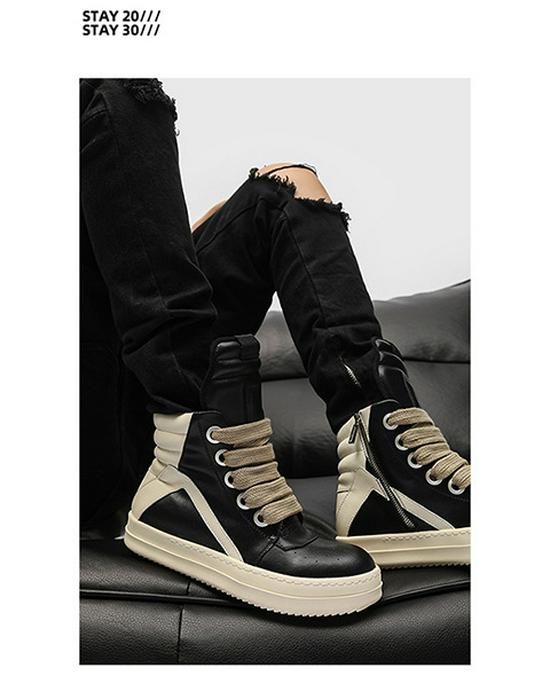 2024 Autumn/Winter Men's Trendy Genuine Leather High-Top Black & White Thick-Soled Boots