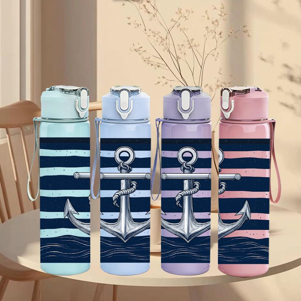 1PC Navy Stripe Anchor Nautical Print 750ml Color Plastic Sports Water Bottle Leakproof Flip Straw Lid Suitable for Sports Office Home Use