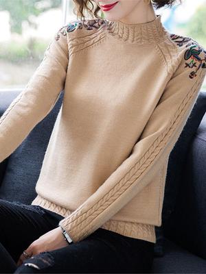 2024 Korean New Autumn Winter Women Slim Turtleneck Sweater High Quality Retro Embroidery Knitted Pullover Basic Sweater ZY7021