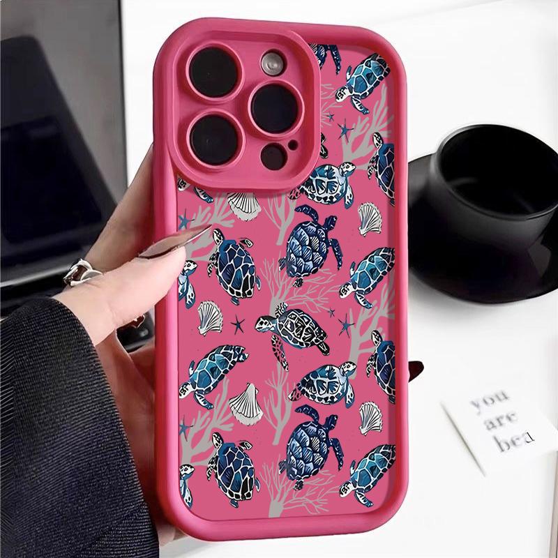 For iPhone 16 Pro 16E 15 Pro Max 14 13 12 11 Phone Case Shell Coral Turtle Pattern Anti-Fall Lens Protection Matte TPU Shockproof Soft Bumper Cover