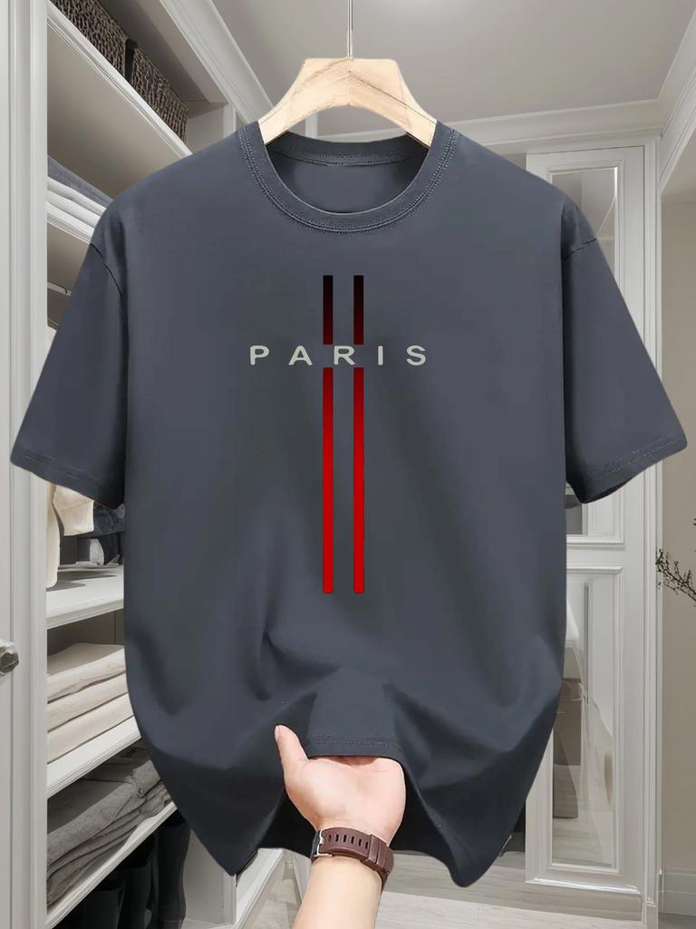Mens Cotton Spring and Summer Casual Loose Fashion Parisian Letter Printed Comfortable Round Neck Short Sleeved Tshirt Top