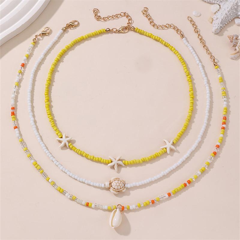 Bohemian Multilayer Rice Bead Chain Clavicle Necklace Vintage Acrylic Turtle Starfish Shell Pendant Choker Women'S Beach Jewelry