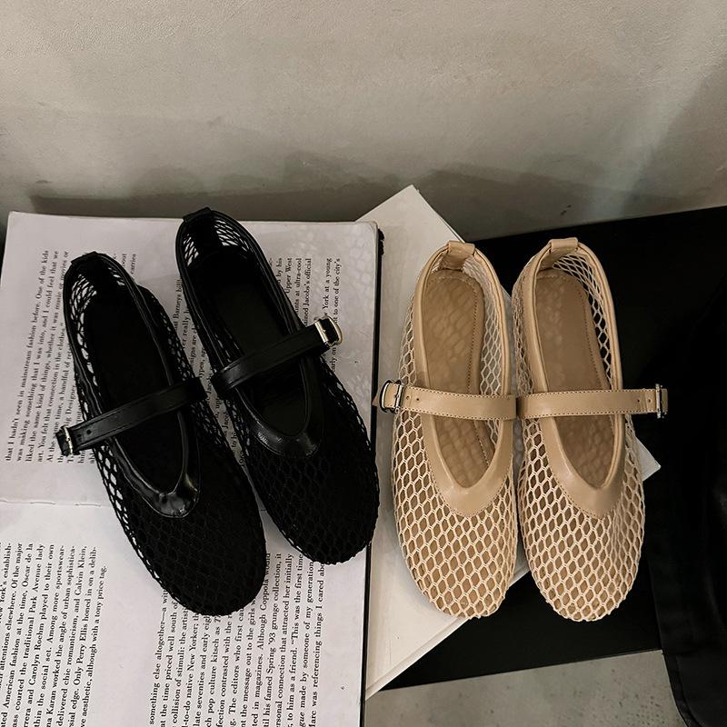 Flat Bottom Hollowed Out Summer New Sandals Women's Fishing Net Shoes Shoes Mesh Shoes 2025 Mary Jane Single Shoes Ballet Shoes Women