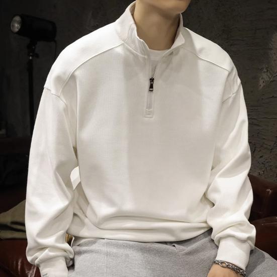 Pánská mikina na zip s elastickými manžetami, dlouhým rukávem a stojáčkem, volného střihu, jednobarevná, pro běžné nošení, do školy, střední délky