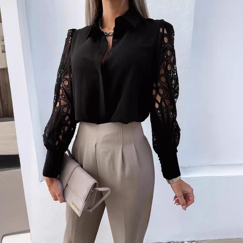 New Spring and Summer Women's Solid Color Lace Stitching Hollow Lapel Fashionable Shirt