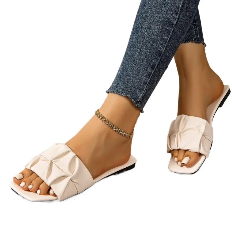 Fashion Shoes for Women 2024 Hot Sale Square Toe Women Slippers Summer Open Toe Solid Light Casual Flat Comfortable Large Size Slippers