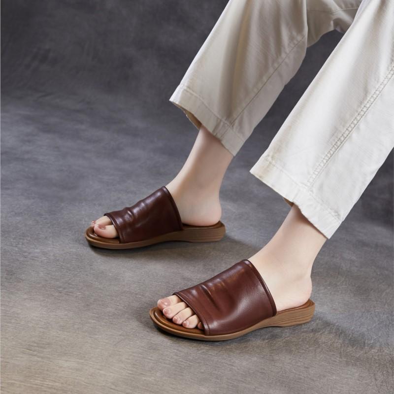 Johnature Retro Outerwear Slippers Genuine Leather Soft Soled Peep Toed Flat Women's Slides