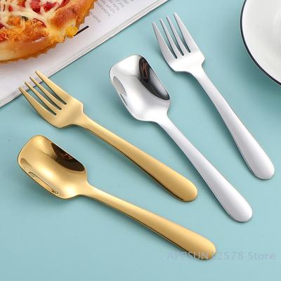 304 Stainless Steel Children's Spoon Fork Ice Cream Spoon Short Handle Square Head Spoon Spaghetti Salad Fork Student Tableware