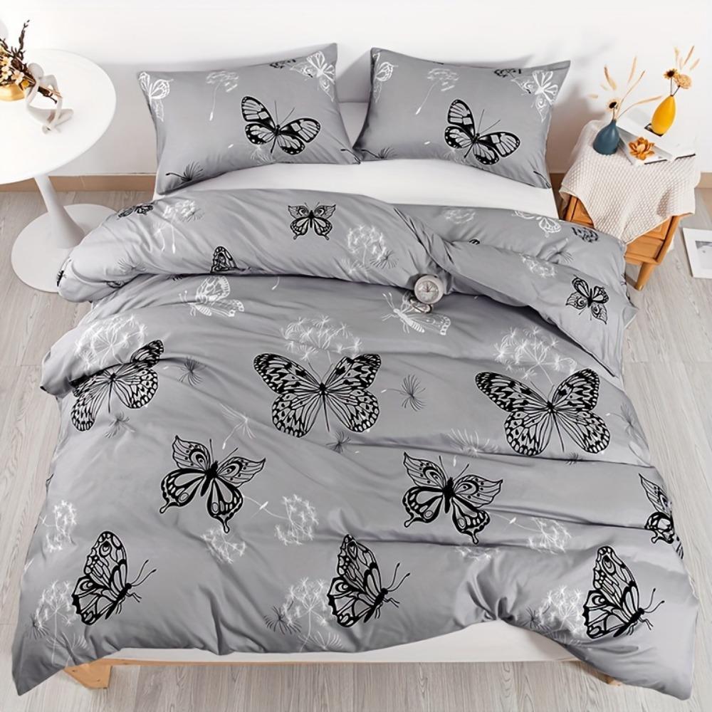 

3pcs Grey Bedding Set Black Butterfly Printed Cozy Duvet Cover Set King Queen Twin Single Size Birthday Gift Adult Bedroom Decor EU Single 135x200cm
