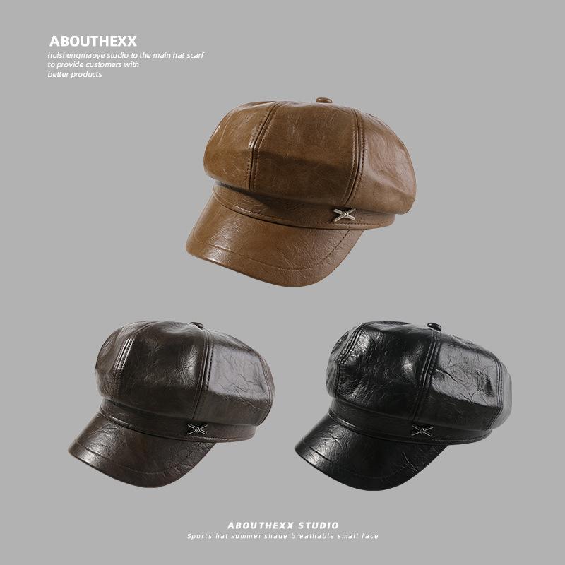 Hat Women's Face-showing Small PU Leather Octagonal Hat New Navy Beret British Retro All Match Newsboy Hat