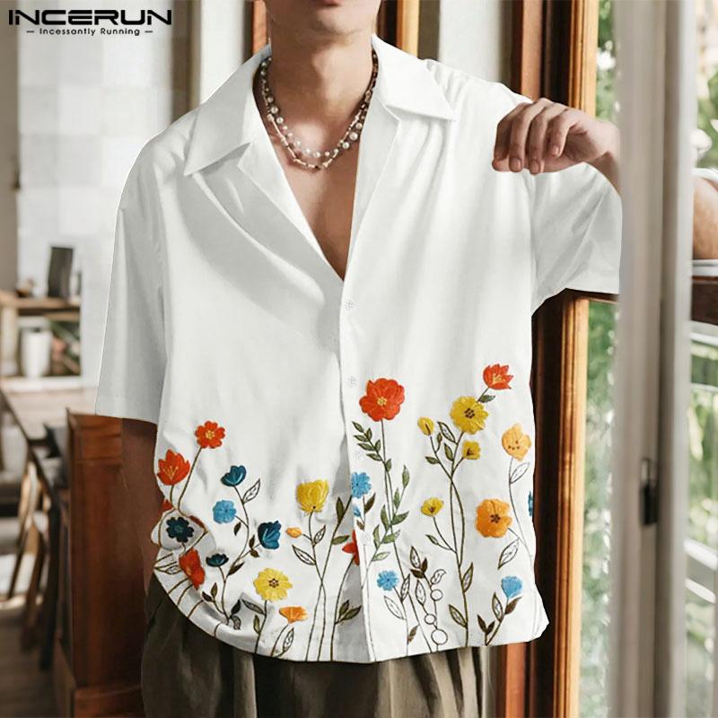 INCERUN Oversized Men Summer Lapel Neck Short Sleeve Floral Print Casual Shirts