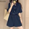ZANZEA Women Summer Turn Down Collar Short Sleeve Drawstring Jumpsuits Overalls