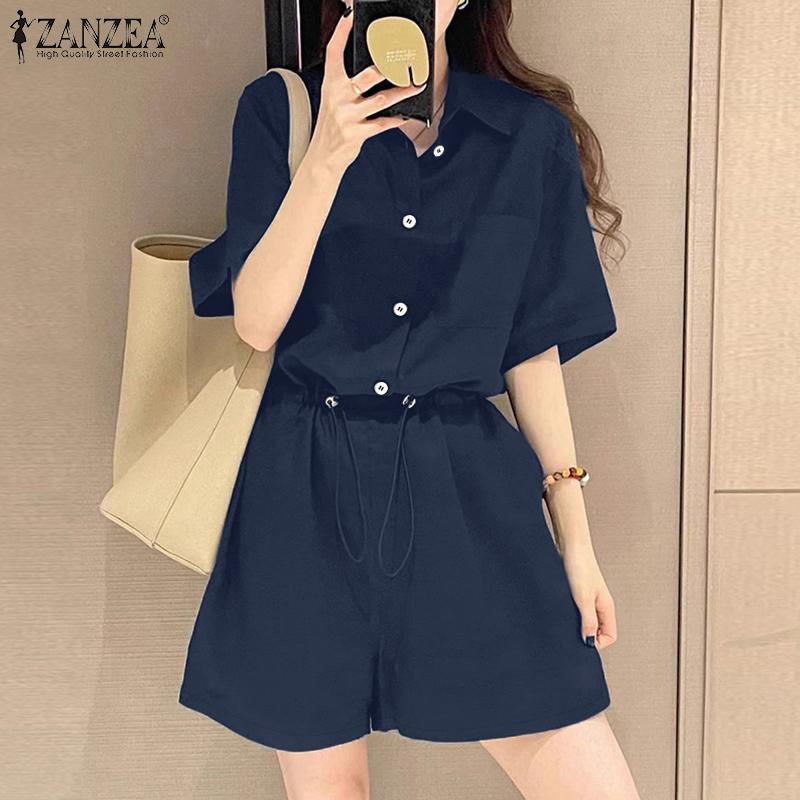 ZANZEA Women Summer Turn Down Collar Short Sleeve Drawstring Jumpsuits Overalls