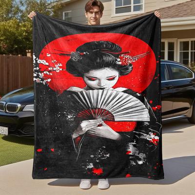 1pc Geisha Sakura Outdoor Flannel Blanket Soft Warm All-Season Throw for Sofa Bed Car Camping Office, Cozy Gift Idea1182S