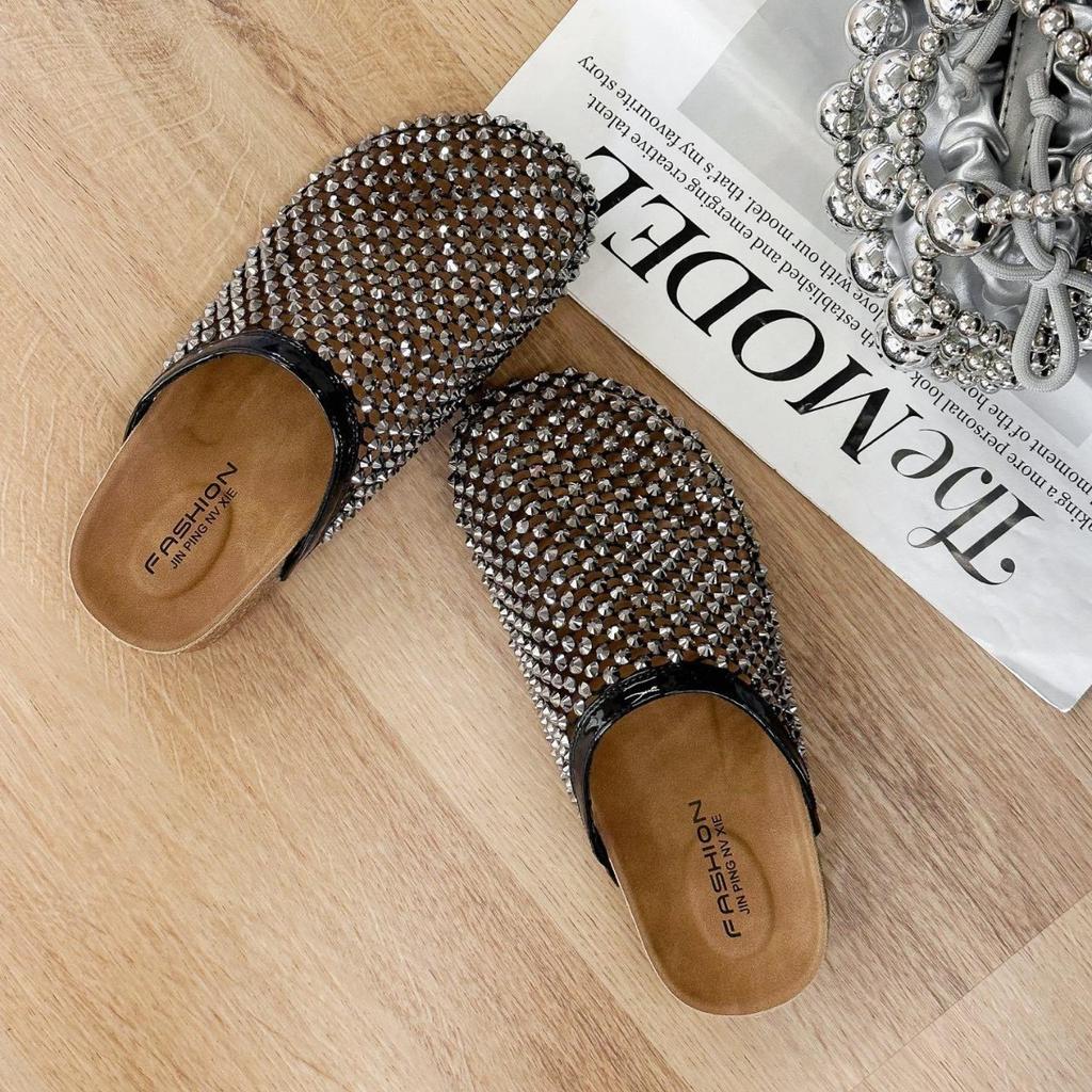 2025 summer rhinestones full diamonds fishing net baotou big head baotou half slippers sandals toboken shoes flat women's shoes