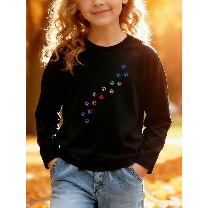 European sizes Kid's Cartoon Print Top, Kid's Cartoon Paw Print Long Sleeve T-Shirt, Cute Top, Suitable for Daily Casual Wear