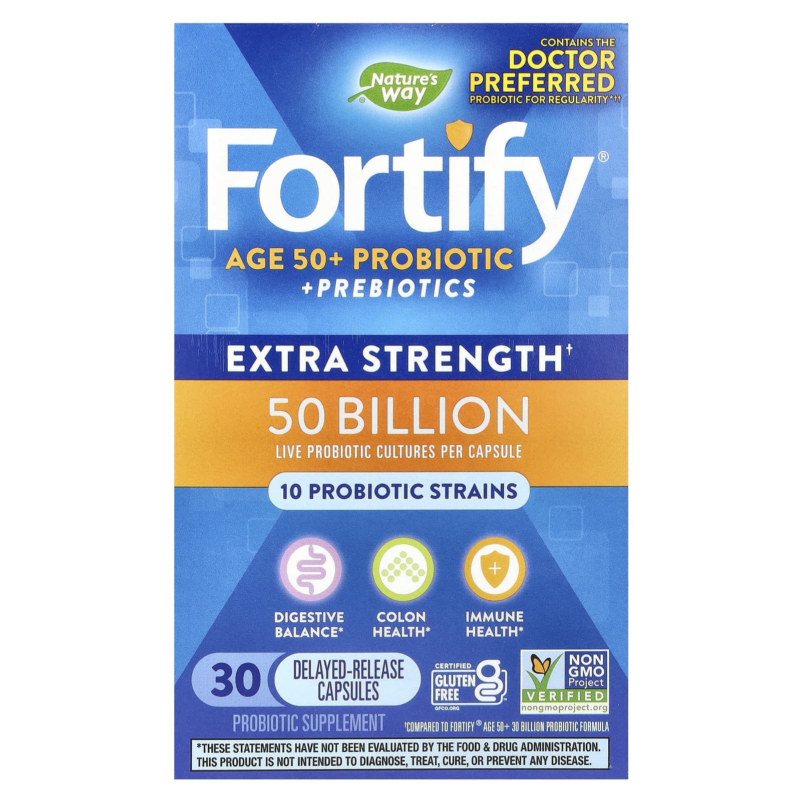 

Nature s Way, Fortify, 50+, Пробіотик + Пребіотик, Екстра Сила, 50 Мільярдів, 30 Капсул з Відстроченим Вивільненням