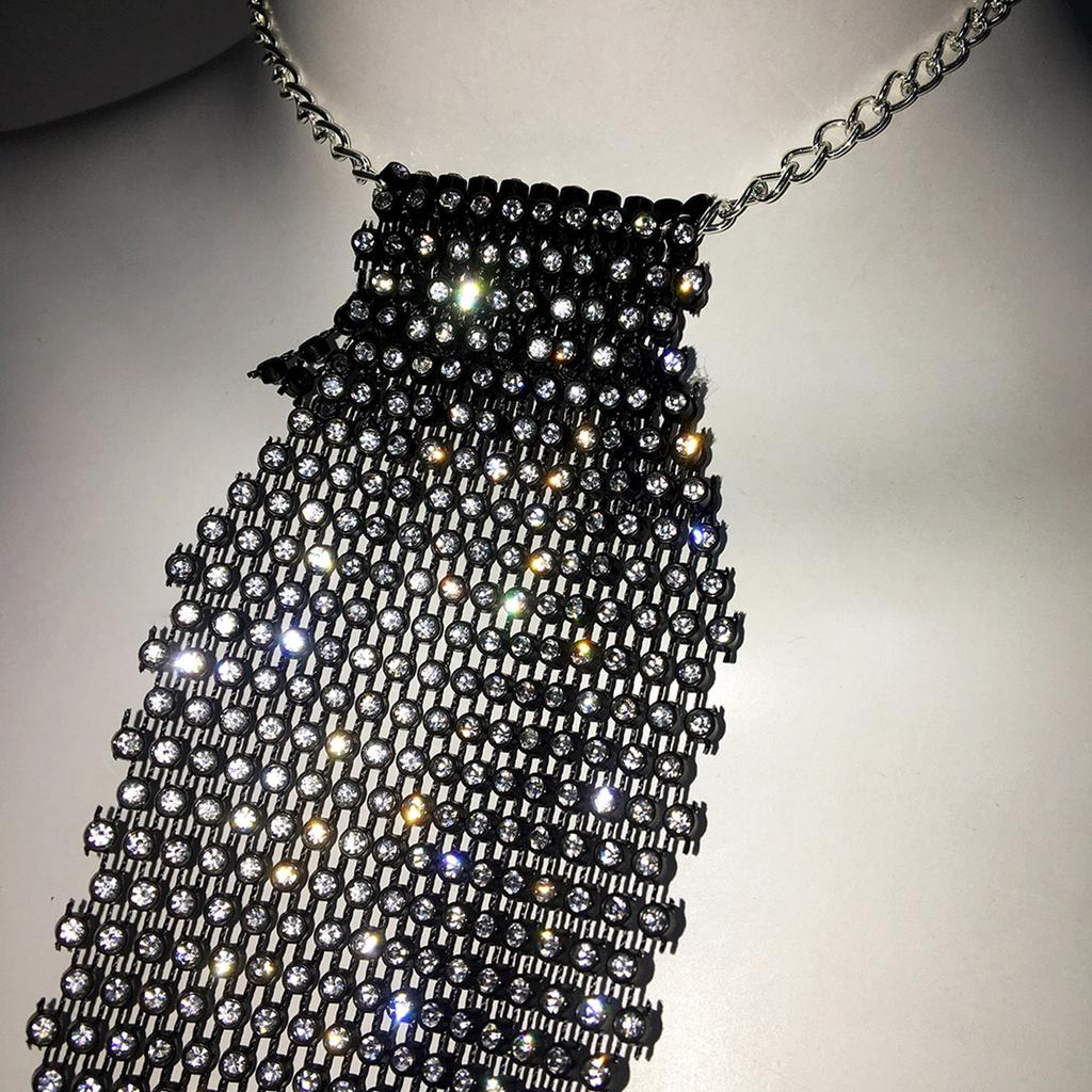 Women Fashionable Elegant Rhinestones Mesh Net Necktie Sparkly Glitter Crystal Long Necklace Chain Jewelry for Party