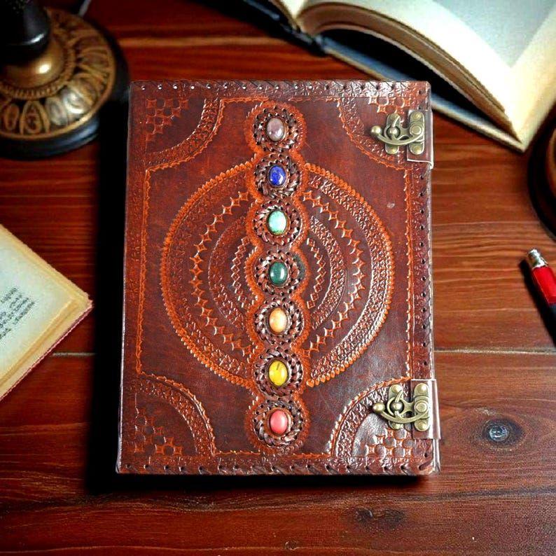 Seven Stone Leather Journal – Large Grimoire Book, Wedding Guest Book, Leather Photo Album, Spell Book, Witchcraft Gift Idea, Book of shadow