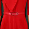 Women Solid Color V Neck Pleated High Waist A Line Mid Length Dress With Belt