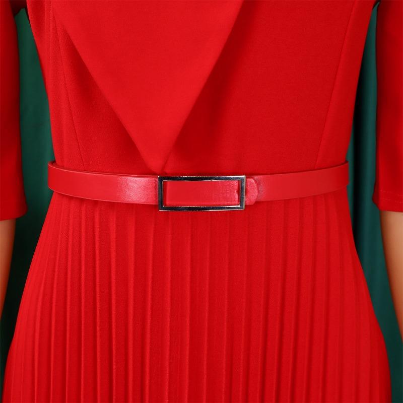 Women Solid Color V Neck Pleated High Waist A Line Mid Length Dress With Belt