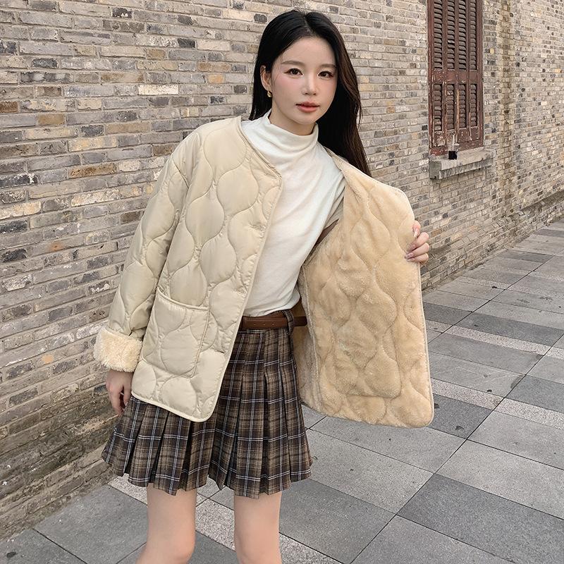 Sheep Wool Cotton Coat for Women, Autumn and Winter New Korean Style Thickened Round Neck Sheep Wool Jacket Cotton Padded Coat