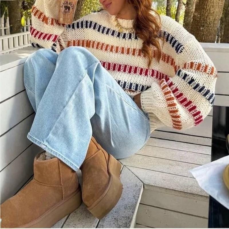 Womens Round Neck Color Block Knit Sweater Soft Comfortable Daily Commute Fashion Top